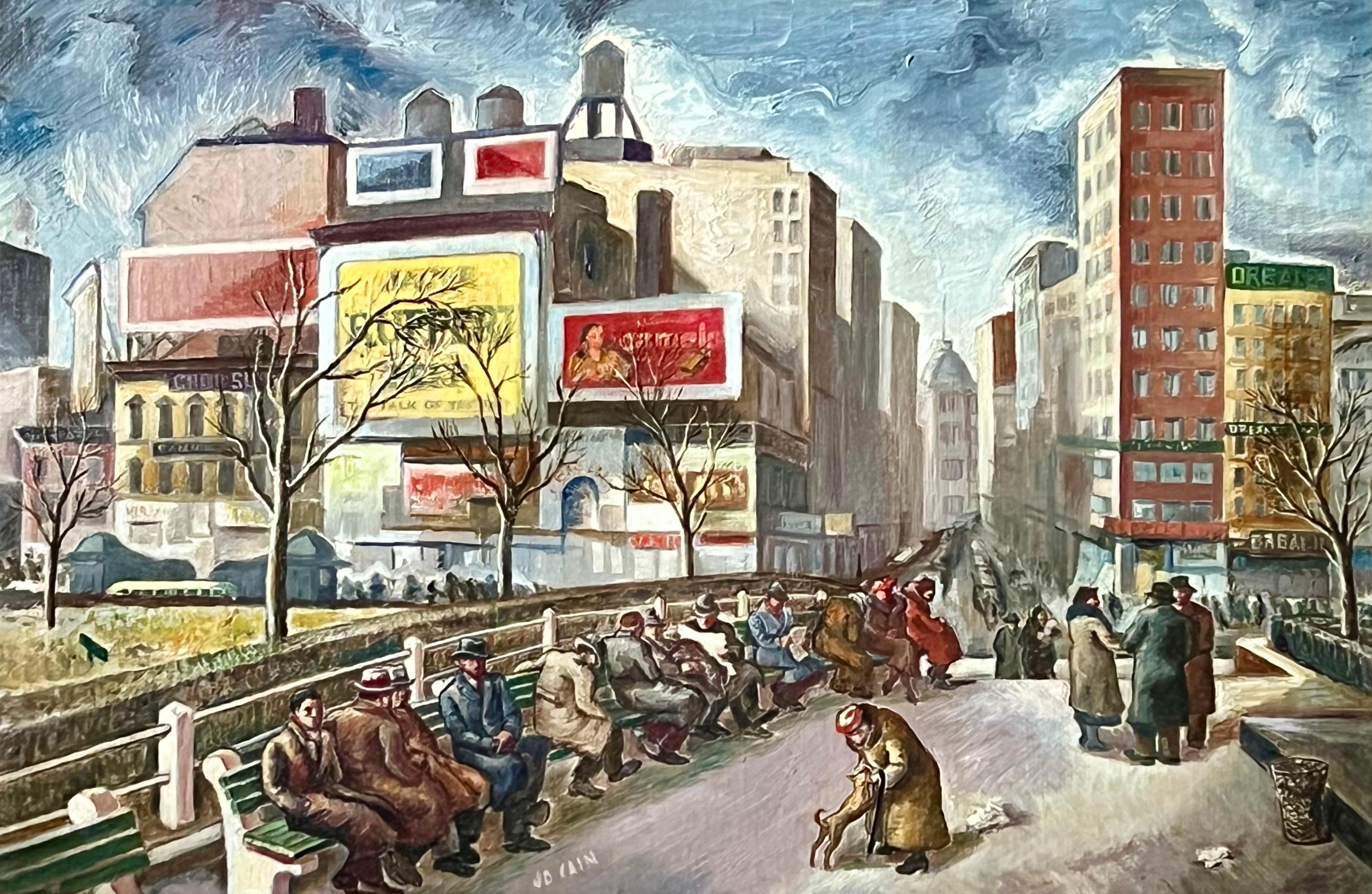 Jo Cain Figurative Painting – UNION SQUARE Depression Ära Ölgemälde WPA Realismus Amerikanische Szene Realismus NYC