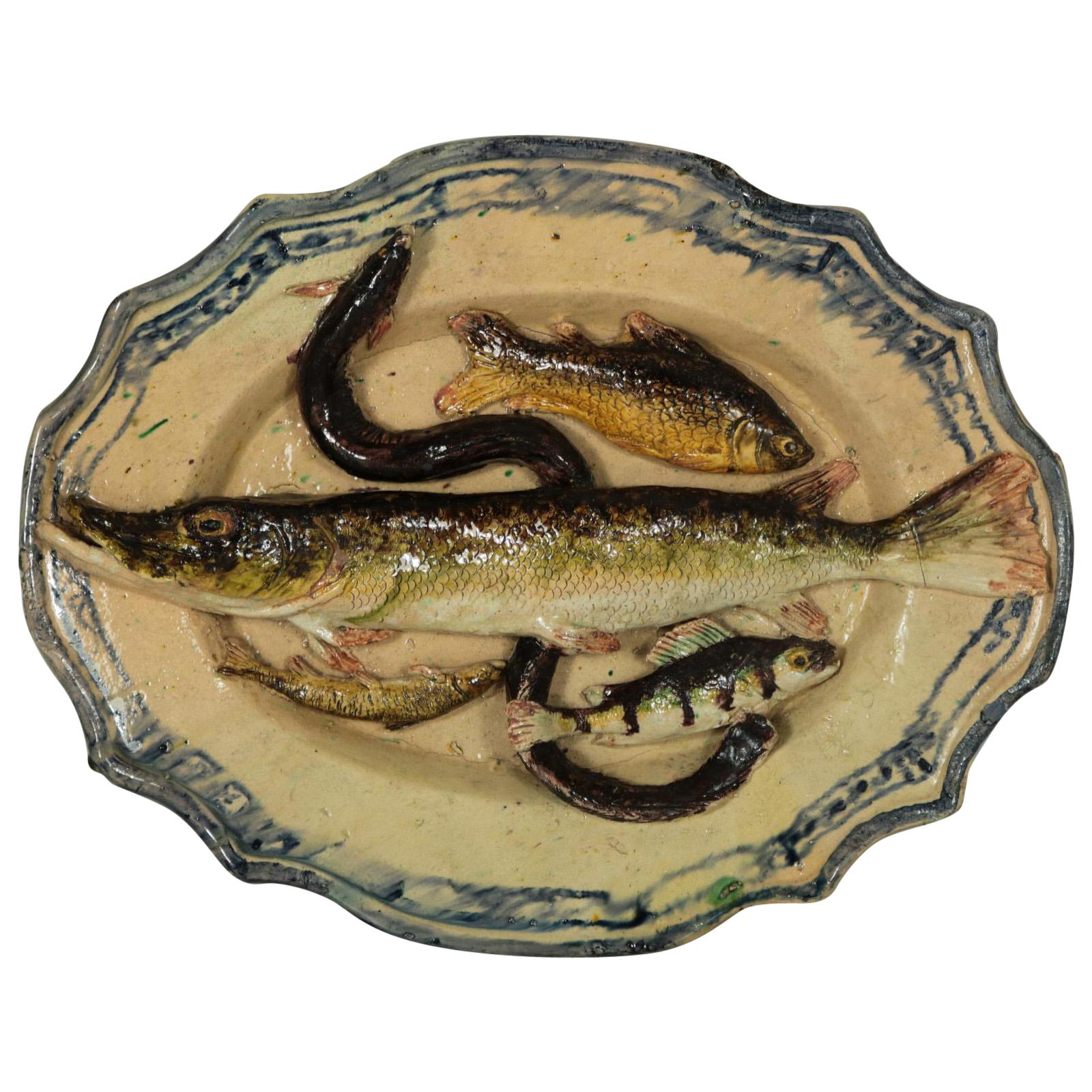 Plat à poisson Palissy en majolique de Joseph Landais de Palissy en vente
