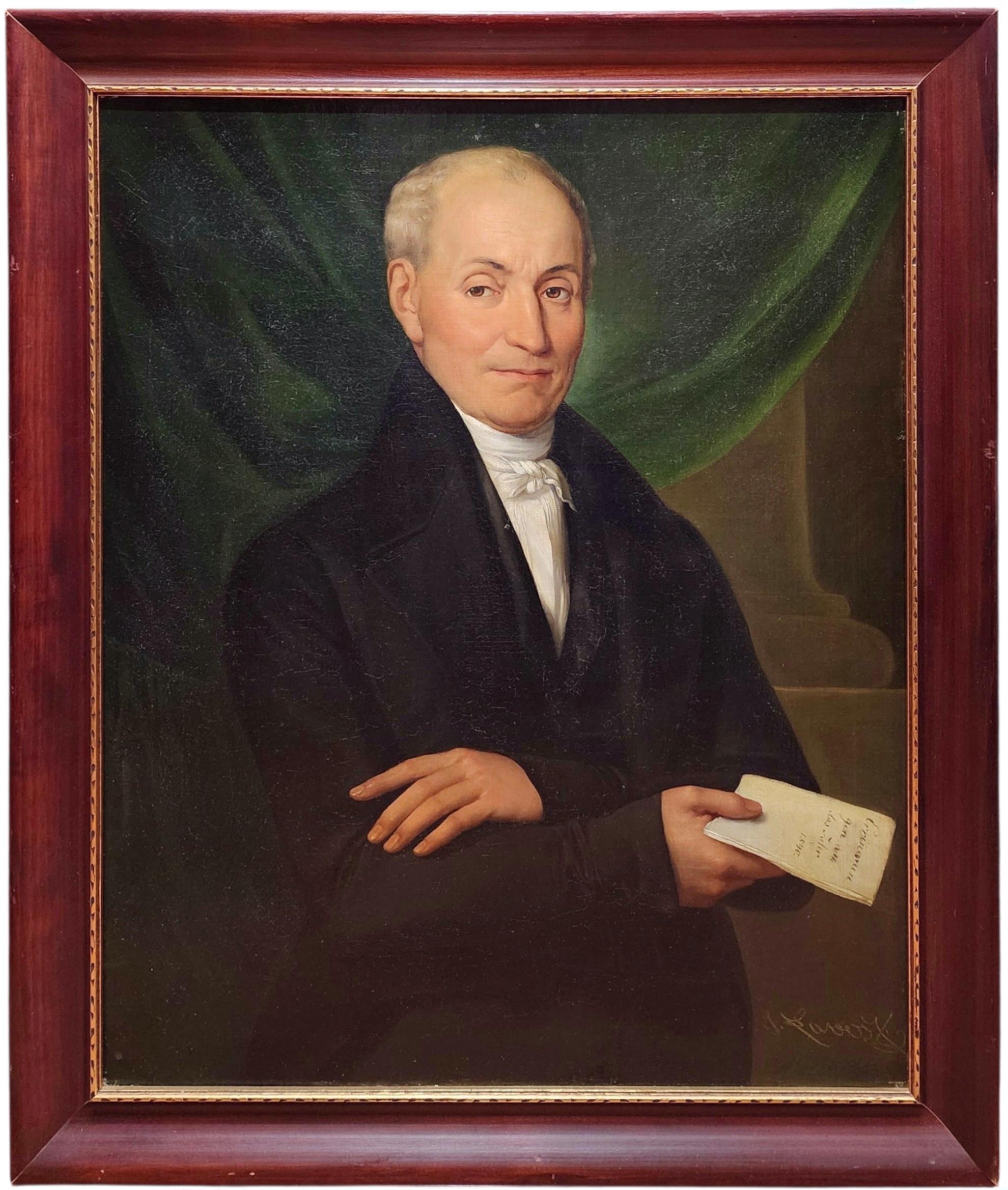 Portrait Painting de Joseph Lavos - Recuerdos del año, 1840 Retrato de un caballero con un billete en la mano, Notable