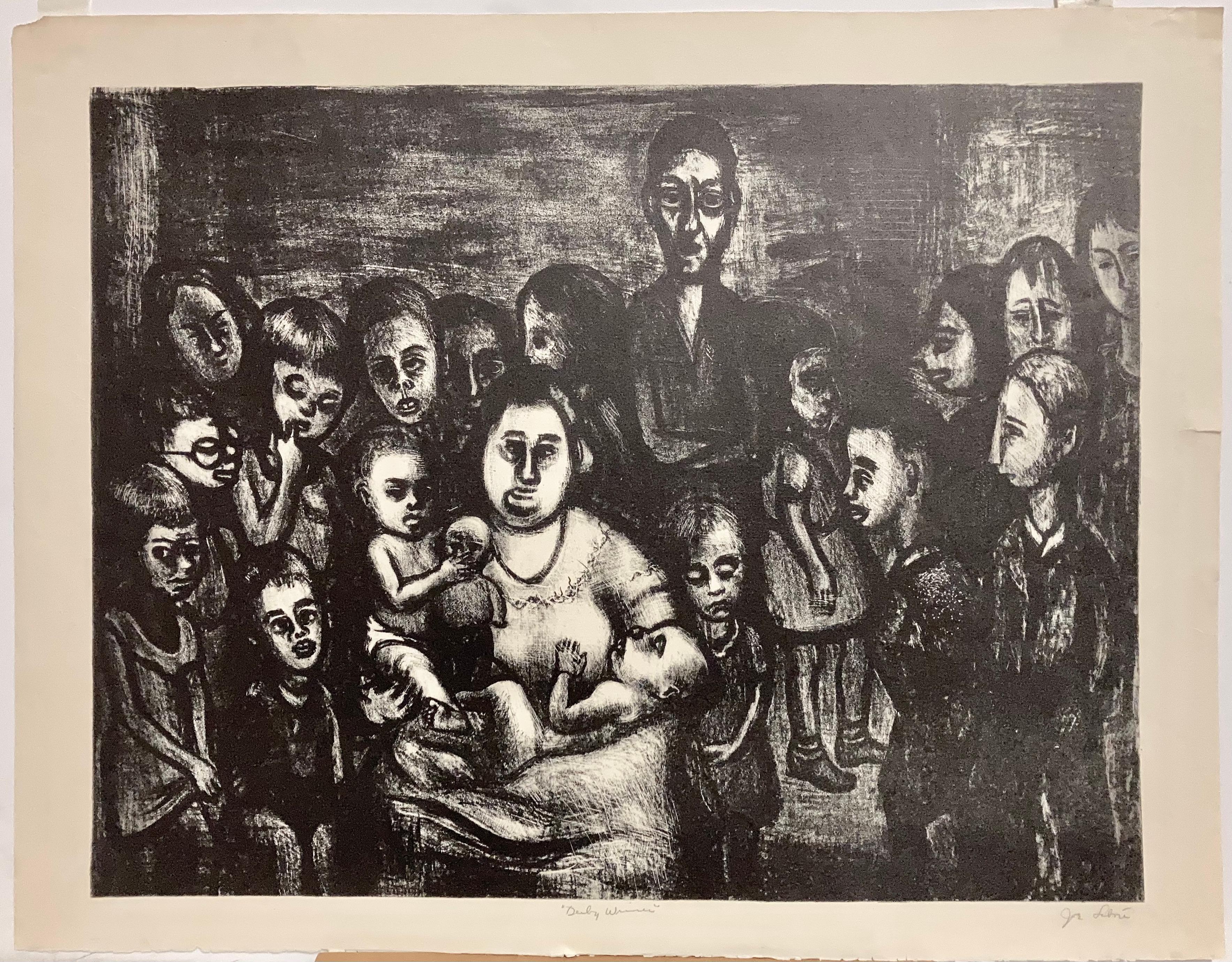 Joseph (Joe) Leboit made this extremely intense image of a supposedly happy recipient of a 'Derby Winner.' (Probably refers to the Irish Derby.) In fact the couple and seventeen children are in an almost claustrophobic environment. In later life