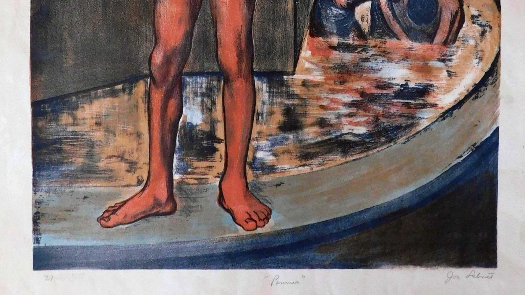 Joseph (Joe) Leboit (1907-2002) Farblithographie, ca. 1935. Schwarzes Thema. $3200
Auflage wahrscheinlich 25. Seltener NYC-WPA-Druck. 
Das Bild zeigt Jungen, die in einen Springbrunnen springen, um Münzen zu sammeln. 
Das Werk ist in gutem Zustand,