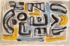 Mid-Century Abstract Expressionist Gouache on Paper, Signed, 41x55 cm