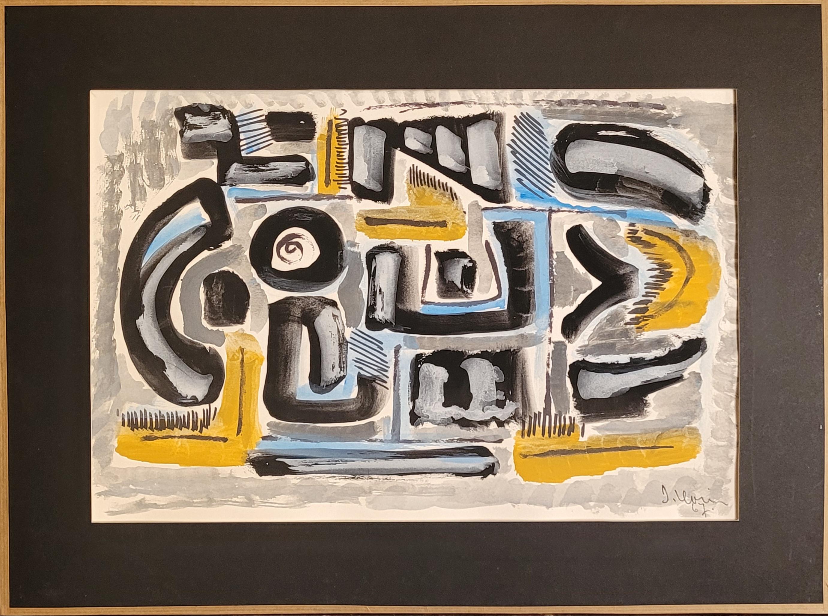 Abstrakte expressionistische Gouache auf Papier, Mitte des Jahrhunderts, signiert, 41x55 cm