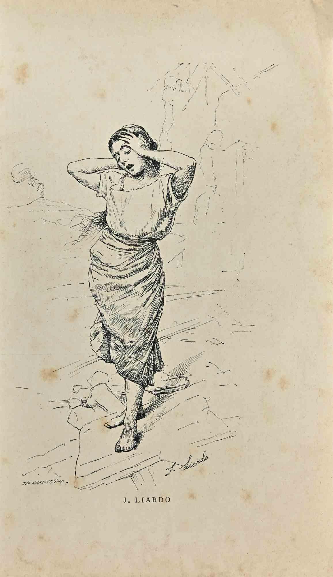 Femme ist eine Radierung von Joseph Liardo aus dem späten 19. Jahrhundert.

Guter Zustand auf gelbem Papier.

Signiert am unteren Rand.

