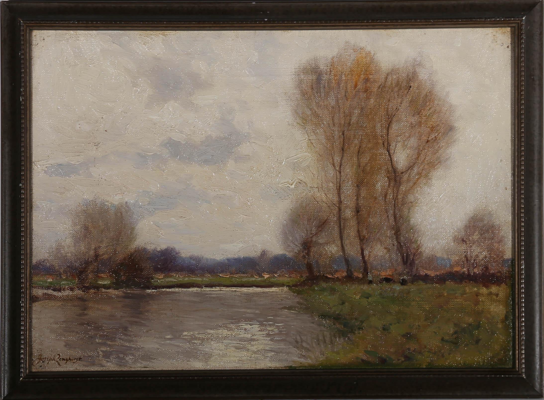 An attractive impressionistic painting by British artist Joseph Longhurst (1874-1922), depicting rising water levels in a quiet countryside location. The river in this scene looks ready to flood with the next spell of heavy rain. To the right of the