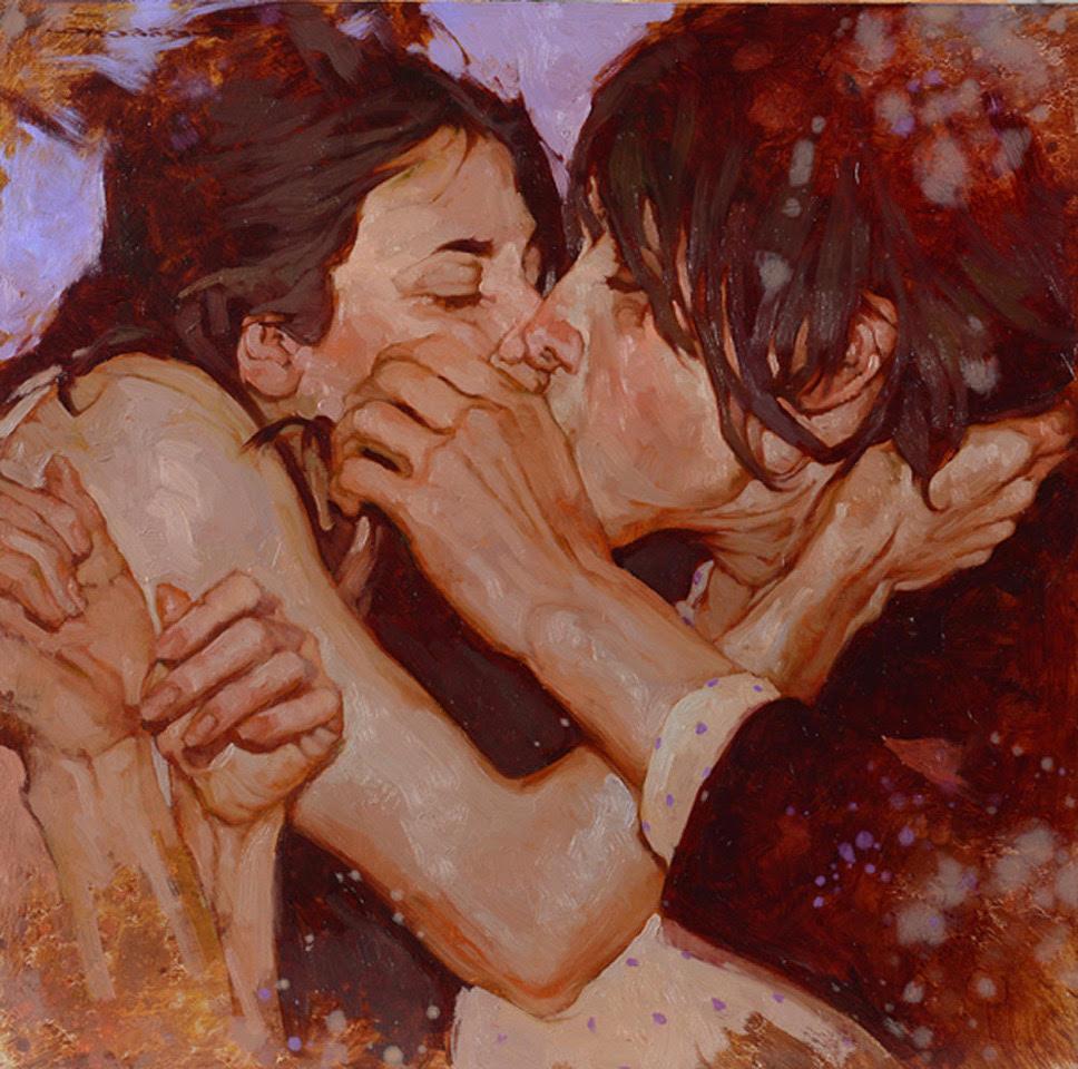 Joseph Lorusso Portrait Painting - "and Then it Happened" close up oil painting of a couple in a passionate kiss