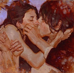 "and Then it Happened" close up oil painting of a couple in a passionate kiss