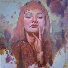 "Attitude" small scale portrait of a redhead with bangs in oil paint