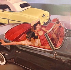"Fancy Free" oil painting of two women in a vintage convertible