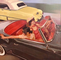 "Fancy Free" oil painting of two women in a vintage convertible 