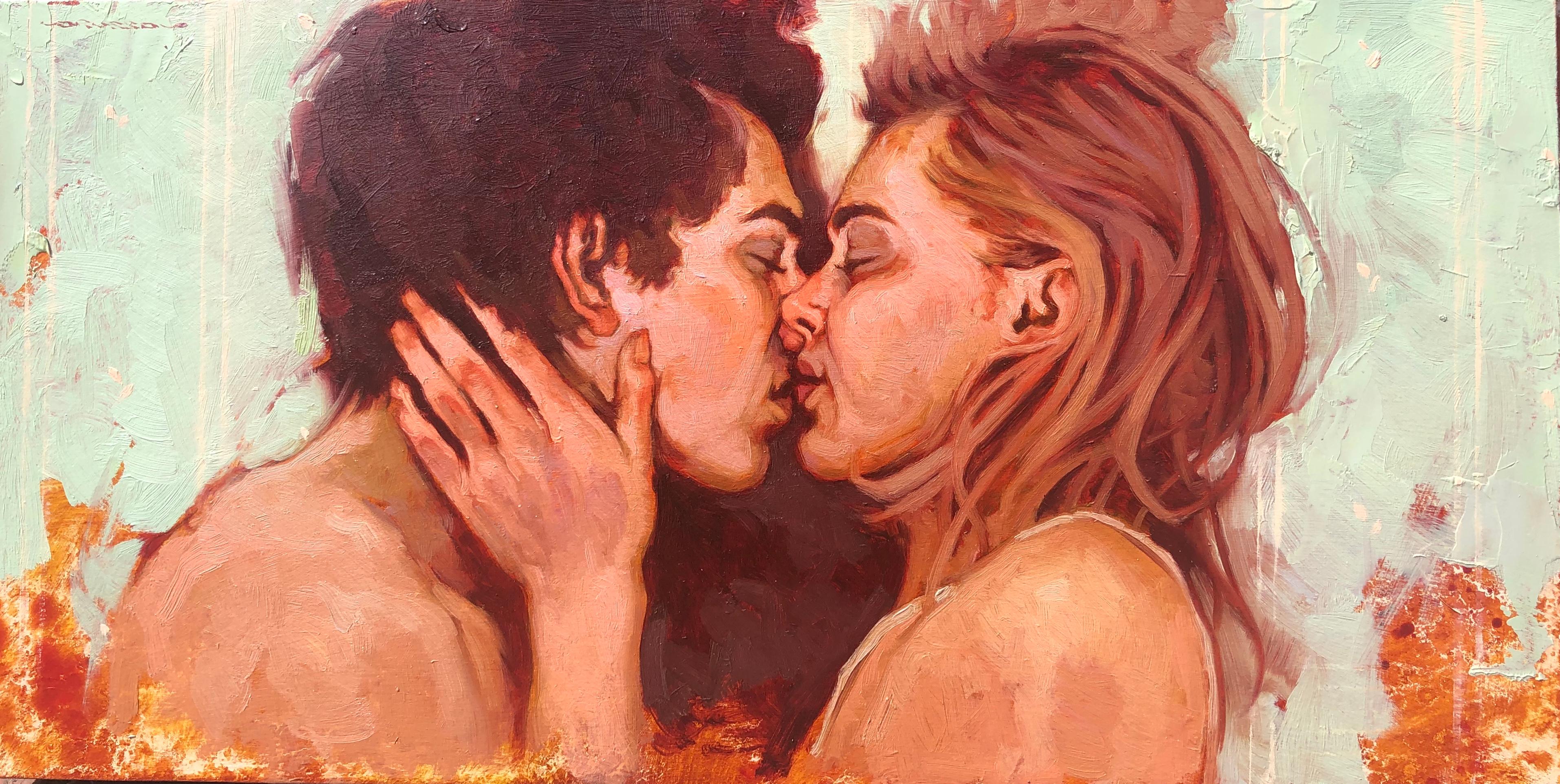 Joseph Lorusso Portrait Painting - "In Close" close up oil painting of a man and a woman kissing 