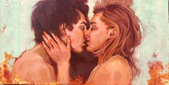 "In Close" close up oil painting of a man and a woman kissing 