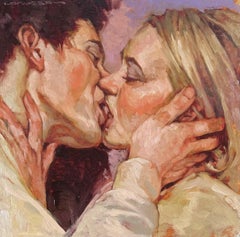 "Kiss Me" Peinture à l'huile en gros plan d'un homme et d'une femme s'embrassant en se tenant par la main.