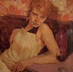 "Melancolía en rojo" Pintura al óleo de Joseph Lorusso, Retrato femenino