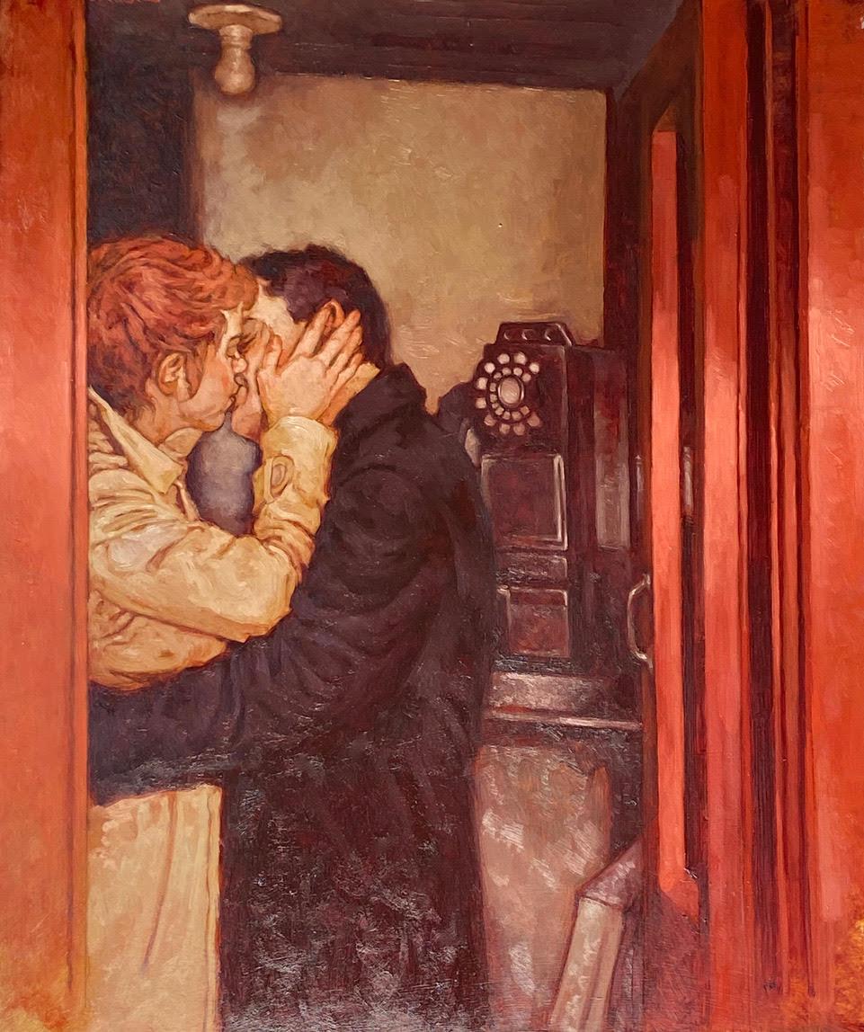 Joseph Lorusso Figurative Painting - "Person to Person" oil painting of a man and woman kissing in a red phone booth