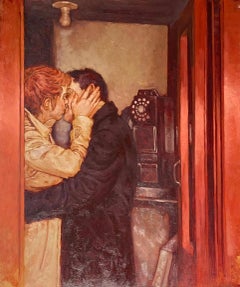 "Person to Person" oil painting of a man and woman kissing in a red phone booth