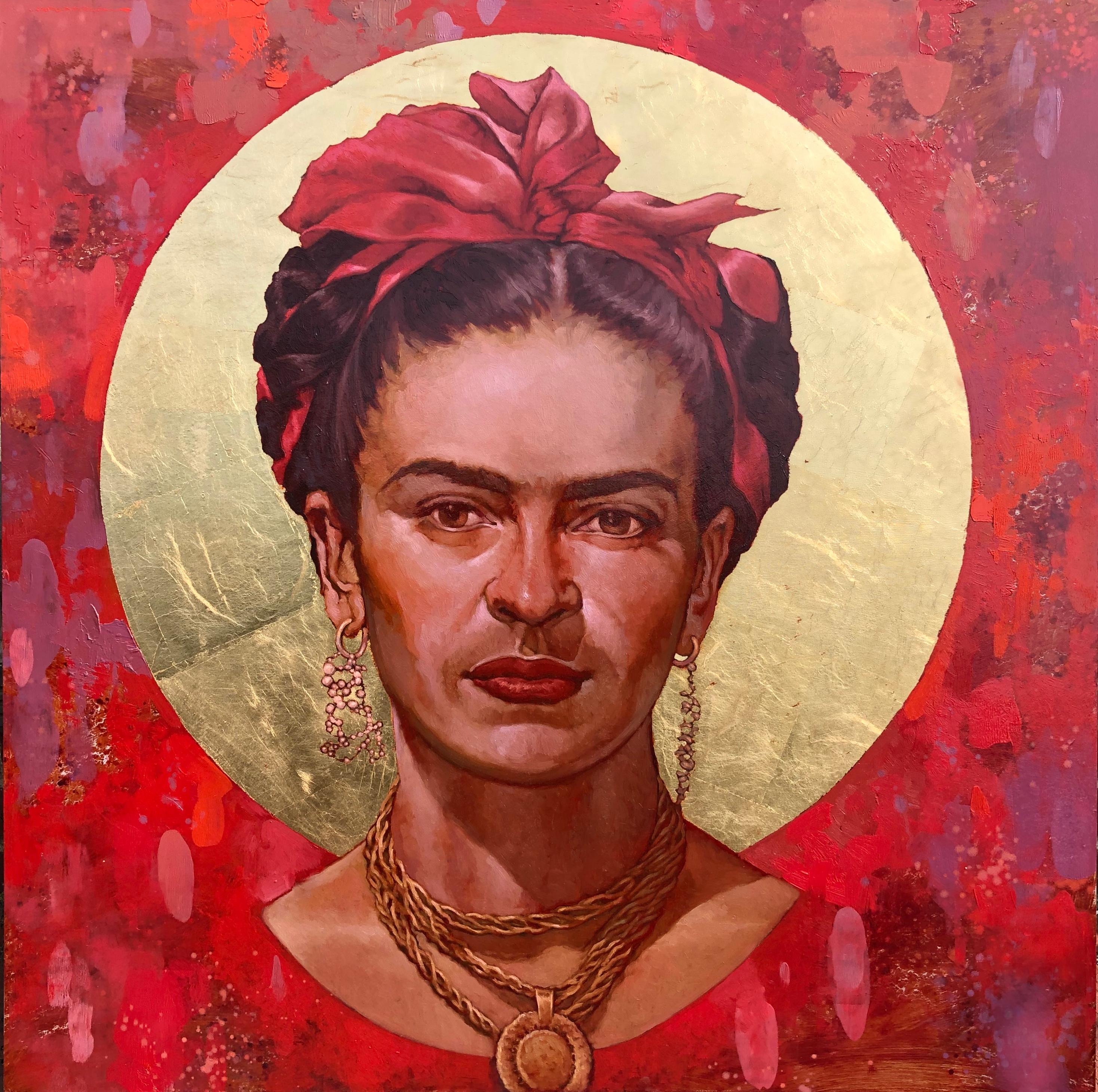 "San Frida II" oil painting of Frida Kahlo with gold leaf and red background