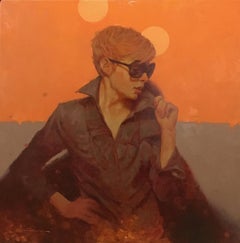 Portrait à l'huile « Shades » d'une femme aux cheveux courts avec lunettes de soleil sur fond orange