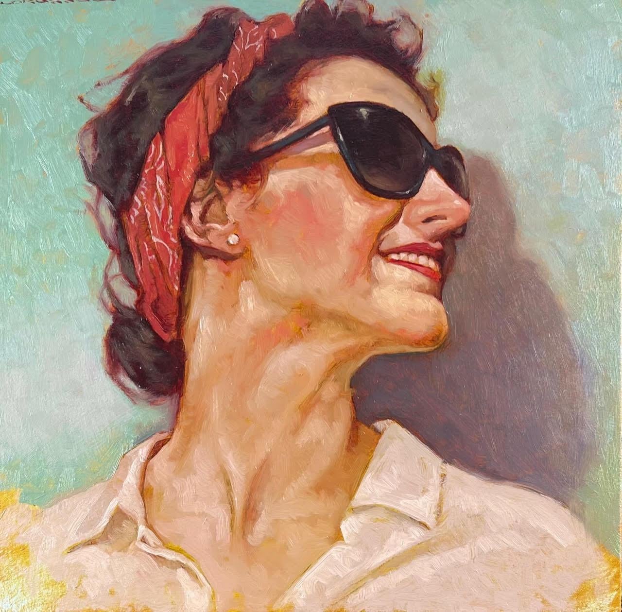 Joseph Lorusso Portrait Painting - "Summer Smile" Oil Painting of woman smiling wearing a red bandana and lipstick