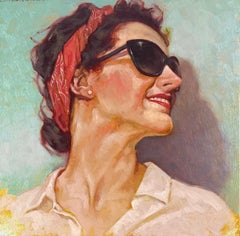 Peinture à l'huile « Summer Smile » représentant une femme souriant portant un bandana rouge et un rouge de lèvres