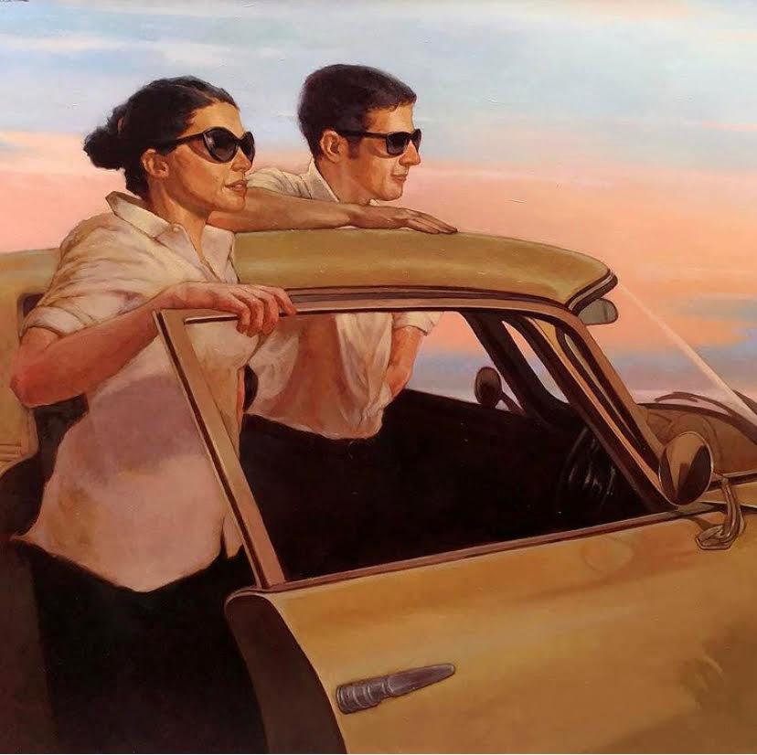 Joseph Lorusso Figurative Painting - "Taking it All In" oil painting of woman and man standing by vintage yellow car