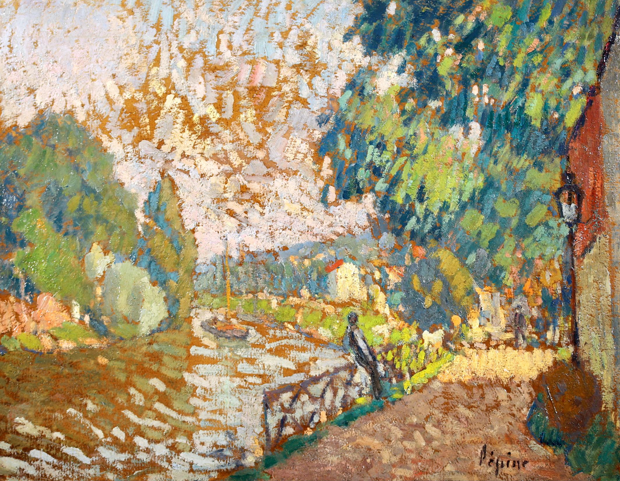 Au bord de la rivière - Figure pointilliste dans un paysage Huile de Joseph Lepine - Pointillisme Painting par Joseph Louis Francois Lepine