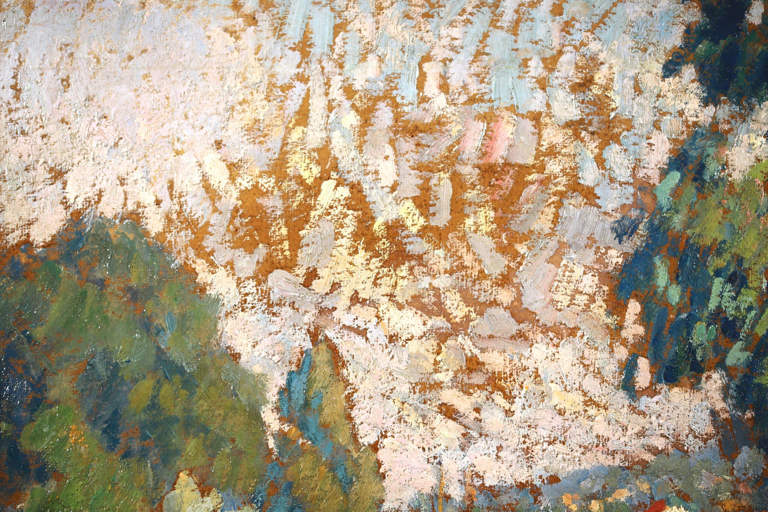Signierte divisionistische Öl auf Künstlerplatte Landschaft von Französisch Maler Joseph Louis Francois Lepine. Das Gemälde zeigt einen Blick auf die Seine an einem strahlenden Sommertag. Ein Boot segelt auf dem Wasser, grüne Bäume säumen die Ufer