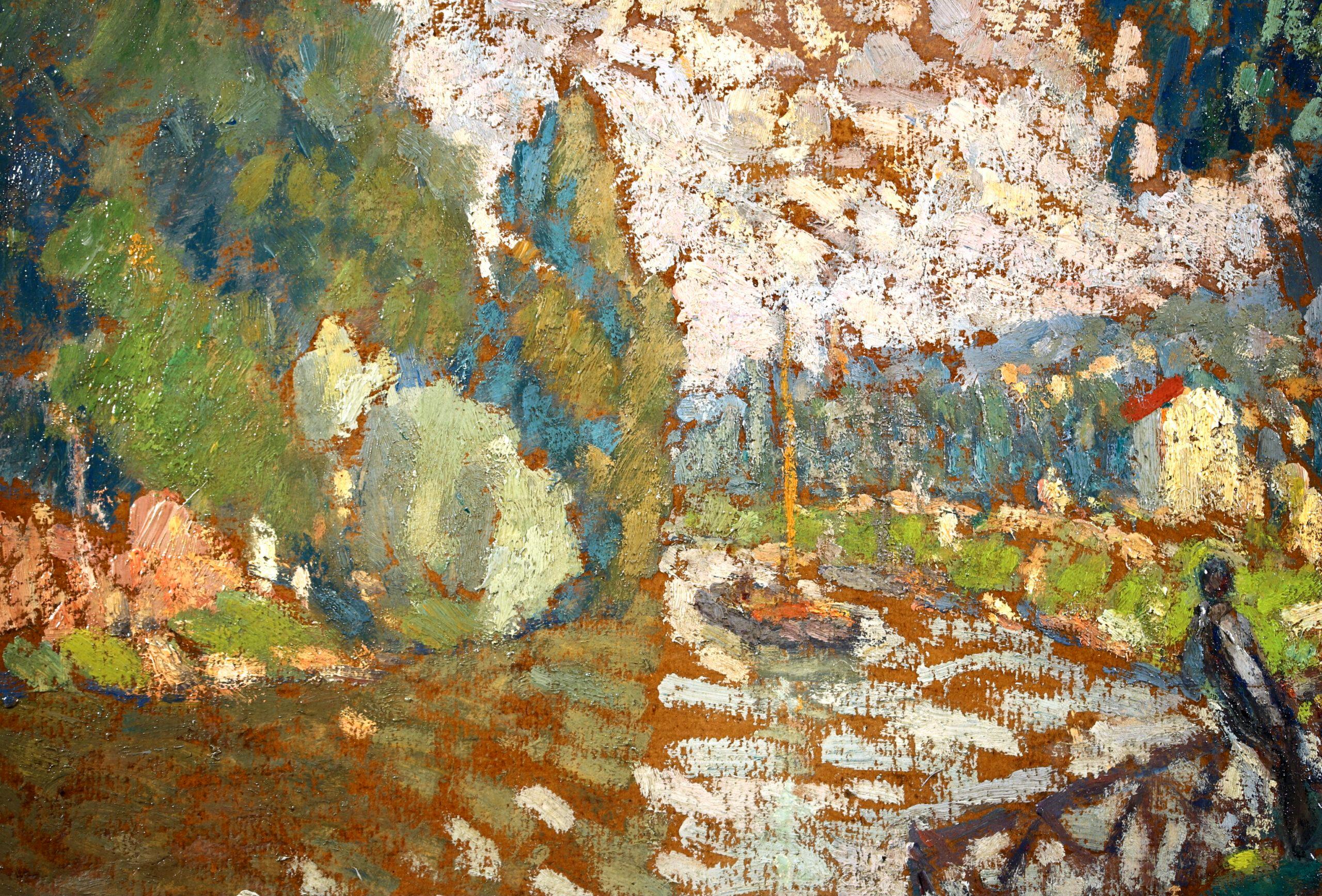 Paesaggio divisionista firmato su tavola d'artista del pittore francese Joseph Louis Francois Lepine. Il dipinto raffigura una veduta della Senna in una luminosa giornata estiva. Una barca naviga sull'acqua, alberi verdi e frondosi costeggiano le