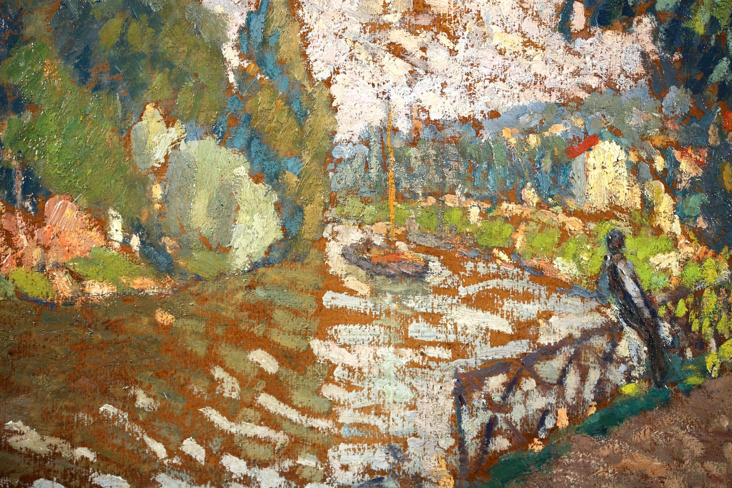 Au bord de la rivière - Figure pointilliste dans un paysage Huile de Joseph Lepine en vente 2