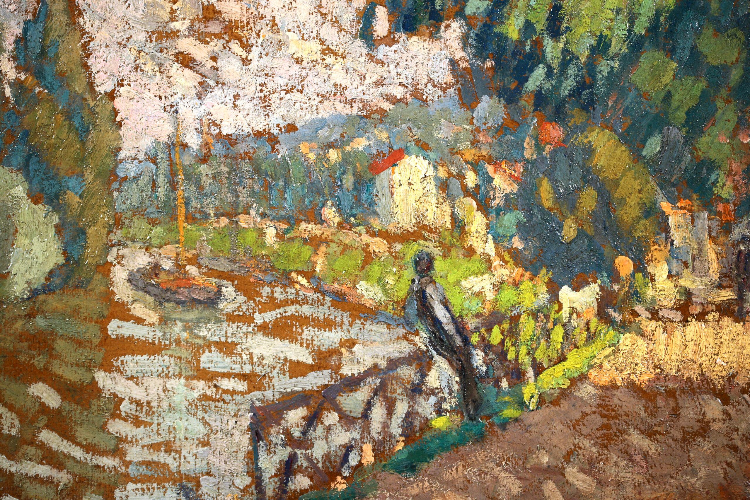 Au bord de la rivière - Figure pointilliste dans un paysage Huile de Joseph Lepine en vente 3