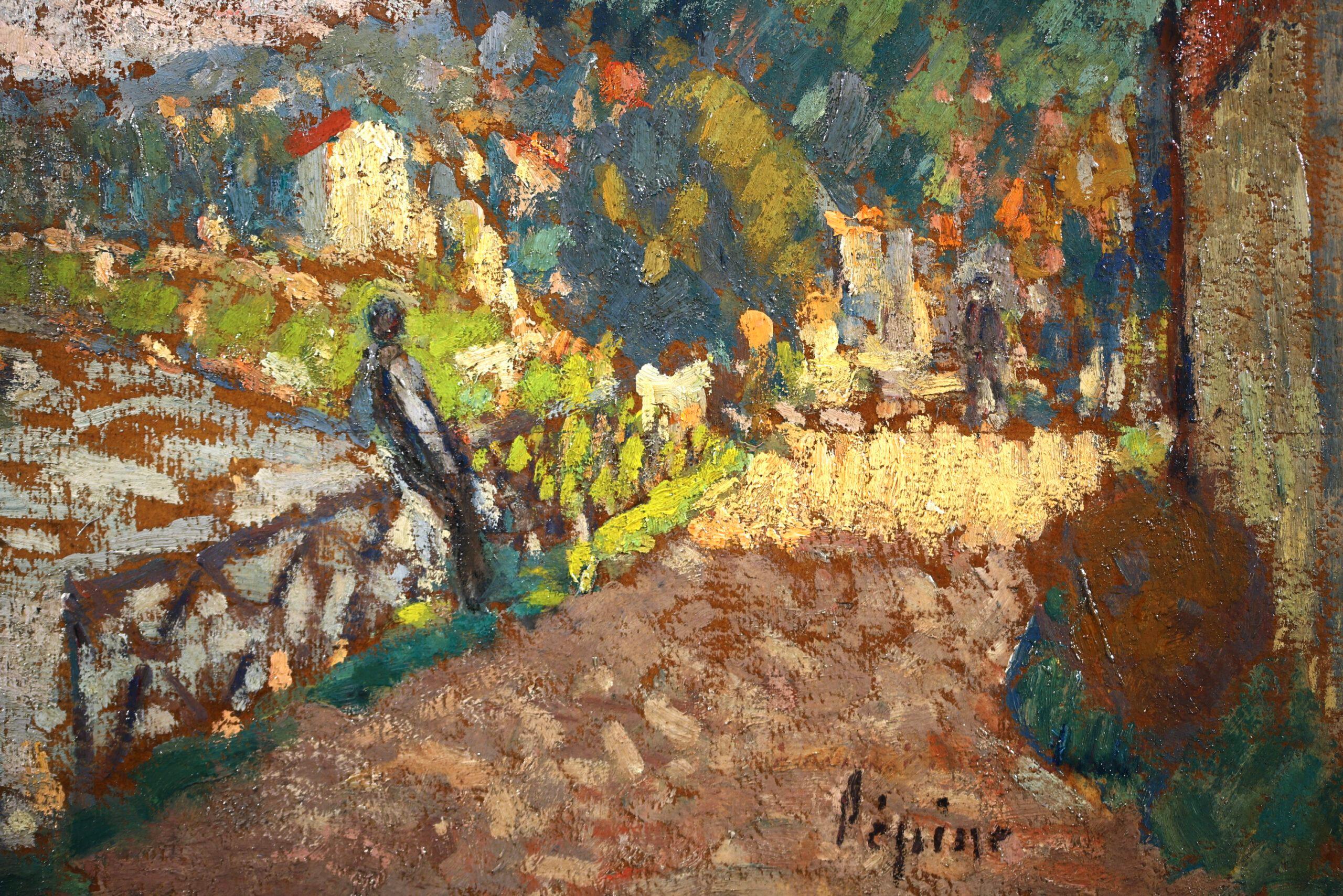 Au bord de la riviere - Figura puntinista in paesaggio Olio di Joseph Lepine 3