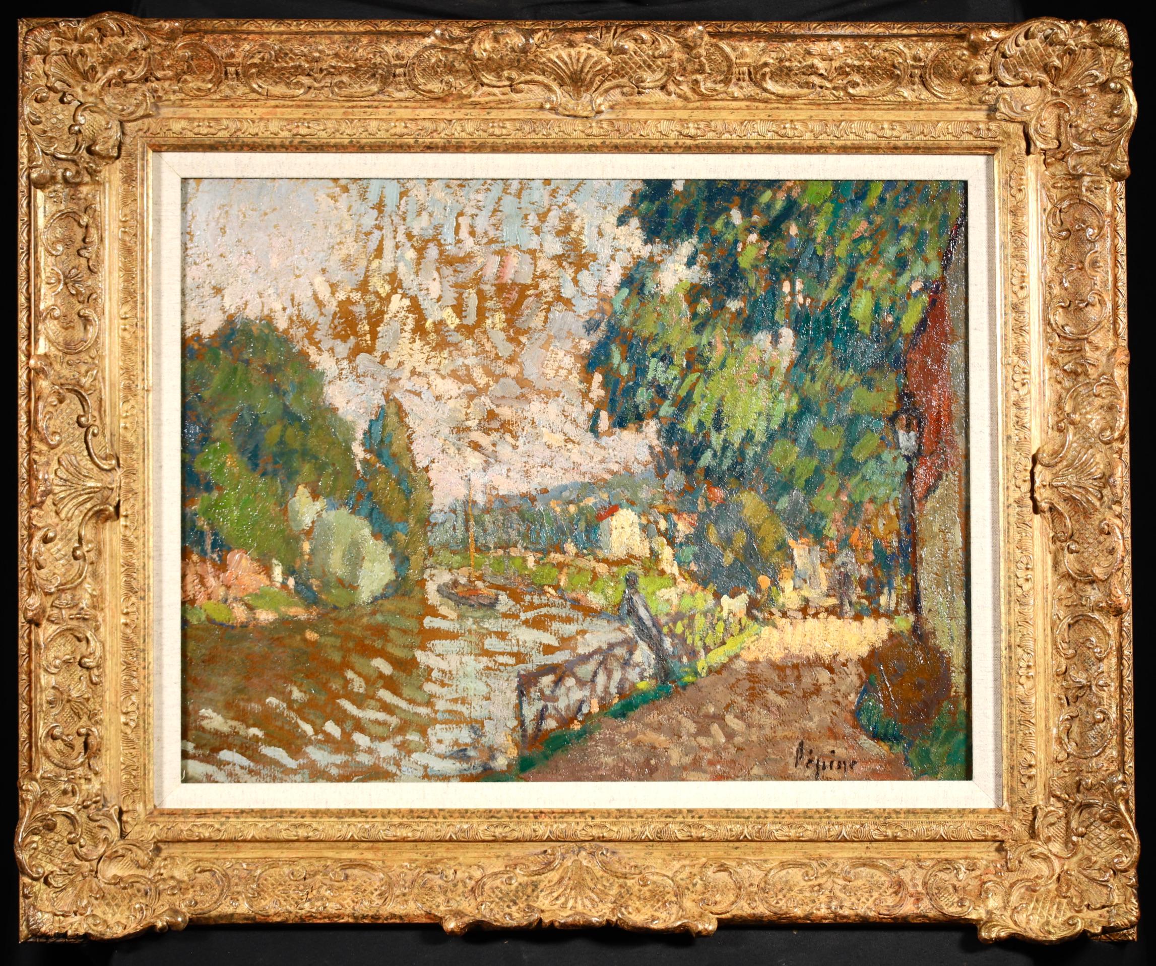 Joseph Louis Francois Lepine Landscape Painting – Au Bord de la riviere – Pointillistische Figur in Landschaft, Öl von Joseph Lepine