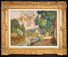 Used Au bord de la riviere - Pointillist Figure in Landscape Oil by Joseph Lepine