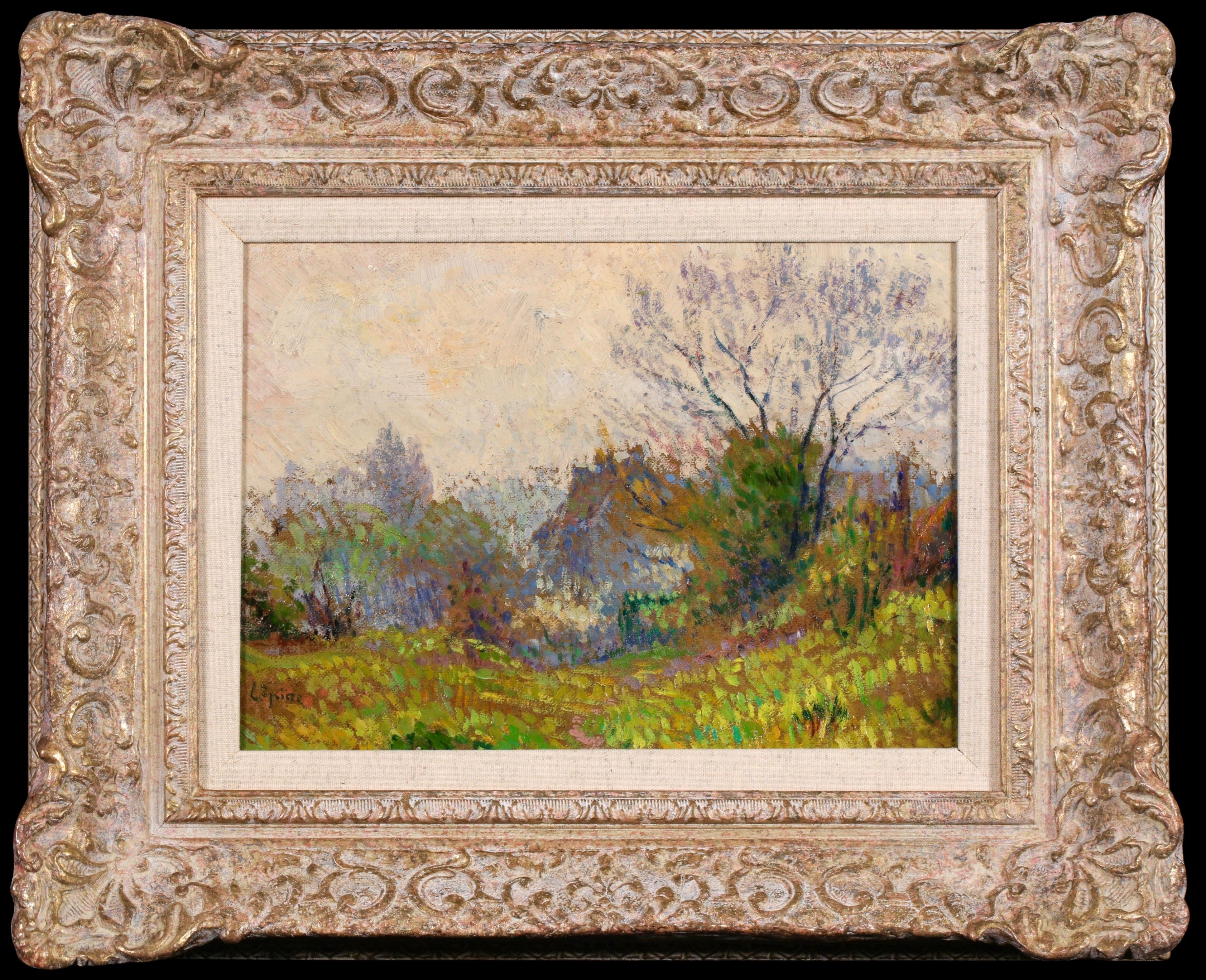 Signed pointillist oil on board landscape circa 1910 by French impressionist painter Joseph Louis Francois Lepine. The painting depicts a landscape in autumn. The green leaves are turning orange and brown and some of trees are almost