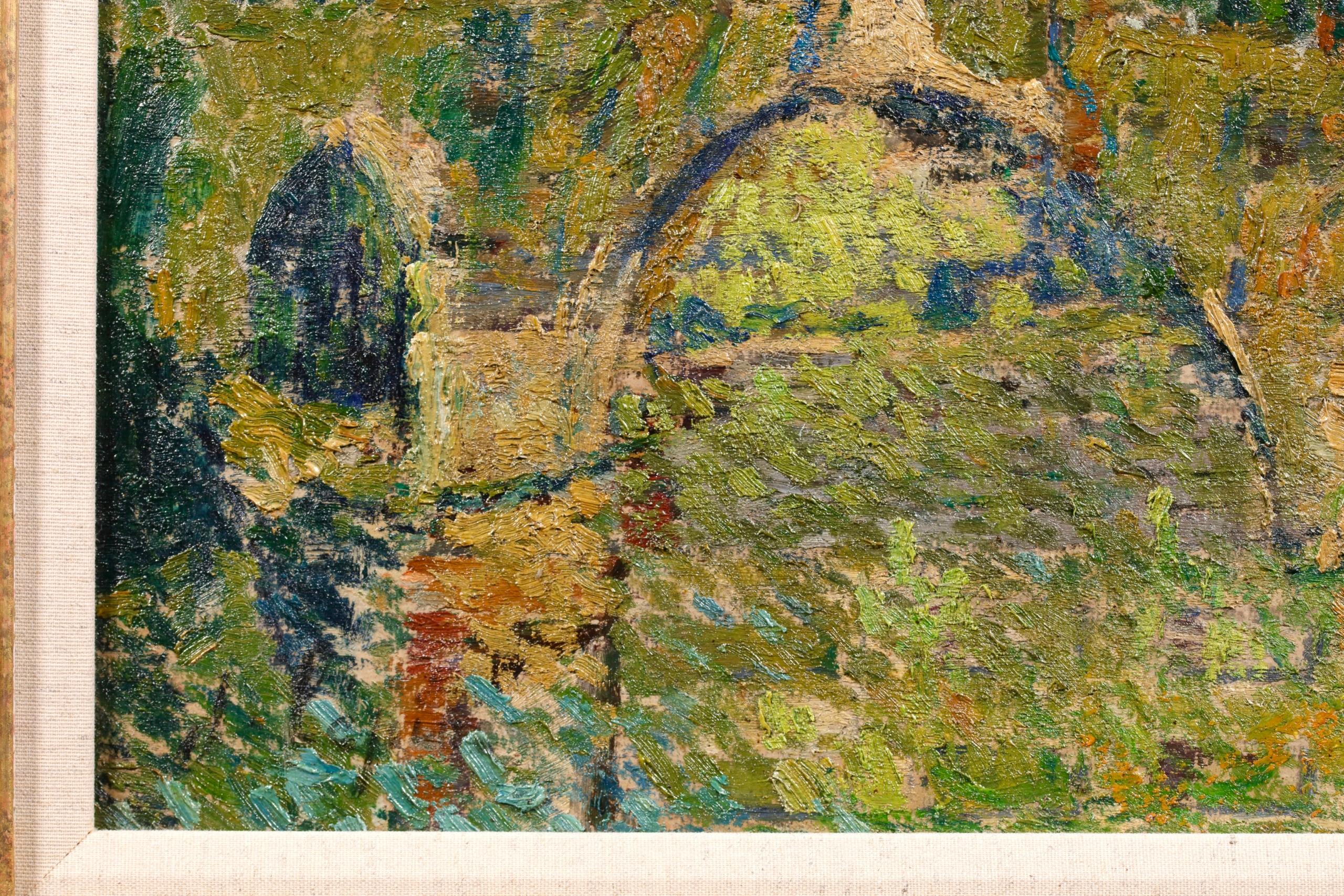 Pont Noblia, Bidarray - Pays Basque - Divisionist Landscape Oil by Joseph Lepine - Pointillist Painting by Joseph Louis Francois Lepine