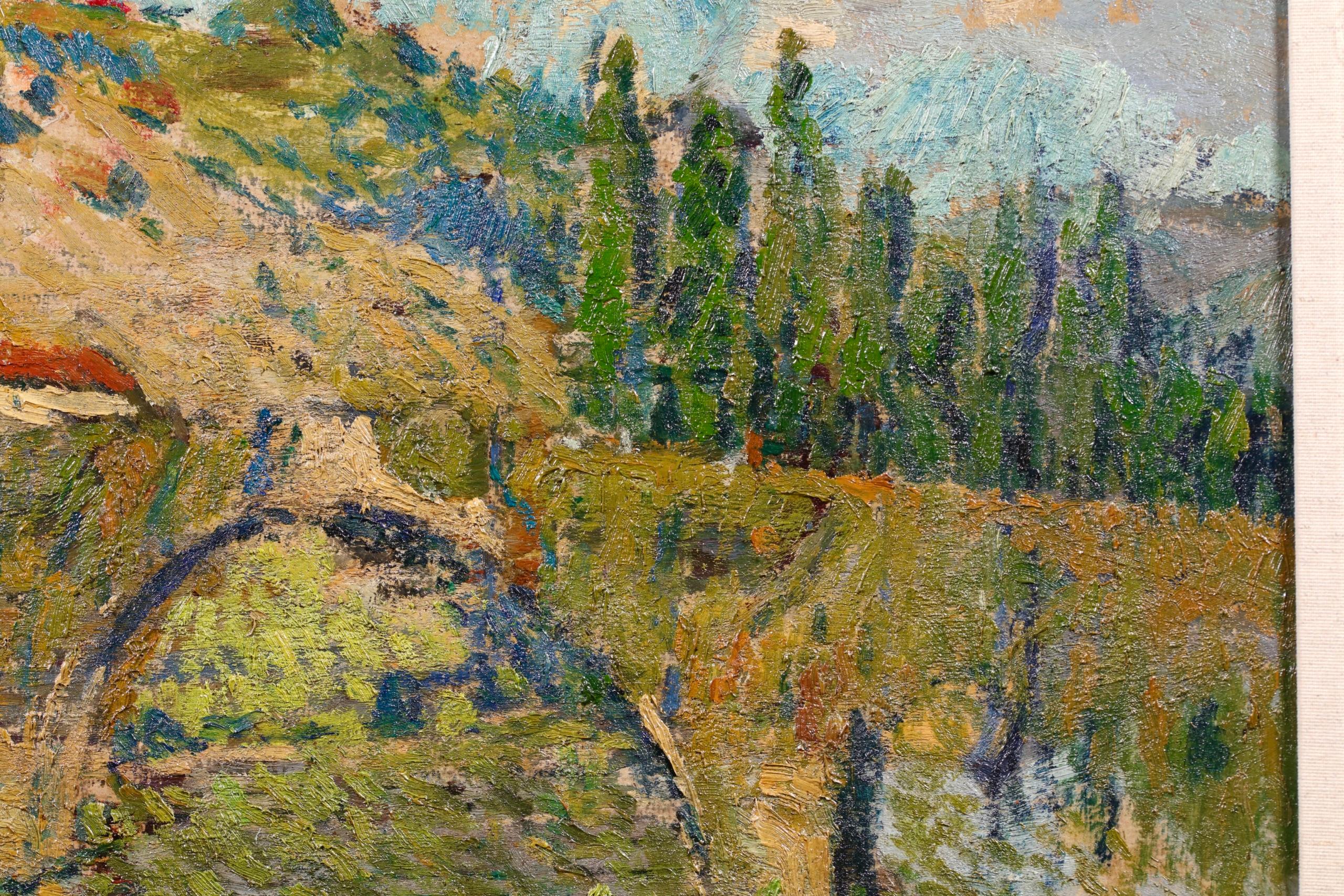 Signed divisionist oil on board landscape circa 1930 by French pointillist painter Joseph Louis Francois Lepine. The painting depicts a view the Basque countryside on a summer's day and, in particular, the railway station ad bridge in Bidarray,
