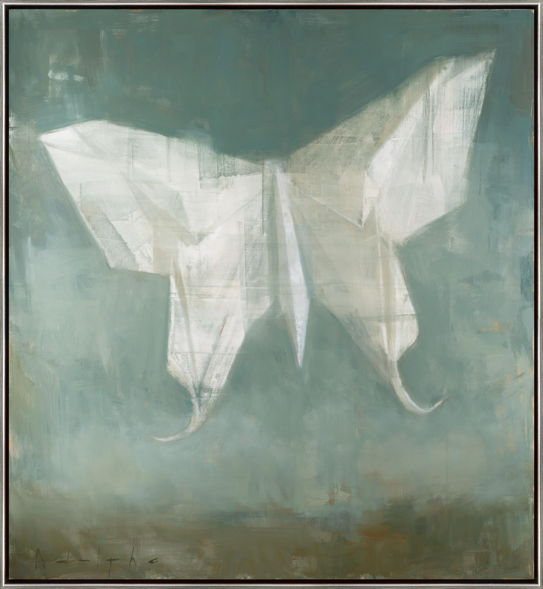Animal Painting di Joseph Adolphe - "Rinnovamento" Pittura contemporanea astratta Origami Farfalla con cornice olio su tela