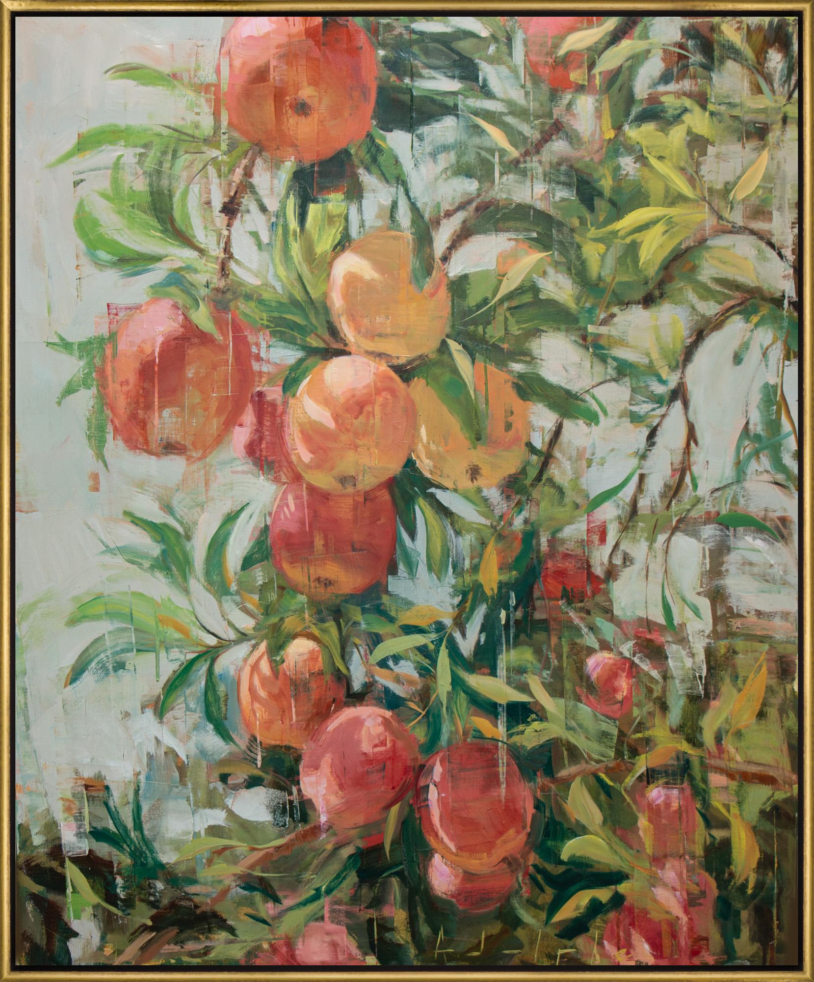 Joseph Adolphe Landscape Painting - "Ripe No. 8" Contemporary Peaches Floral Still Life Framed Oil on Canvas