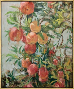 "Ripe No. 8" Contemporary Peaches Floral Still Life Framed Oil on Canvas