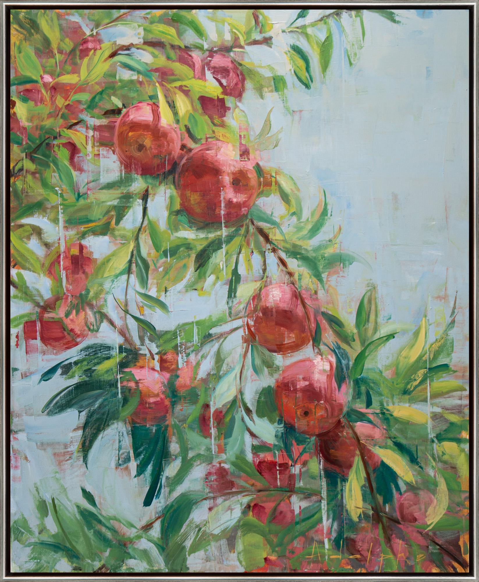 "Ripe No. 9" is a framed oil on canvas painting by Joseph Adolphe, depicting a productive branch of apples, heavy with fruit. The artist's careful use of color perfectly captures the sun-dappled fruit, their ripe flesh seeming to glow from within,