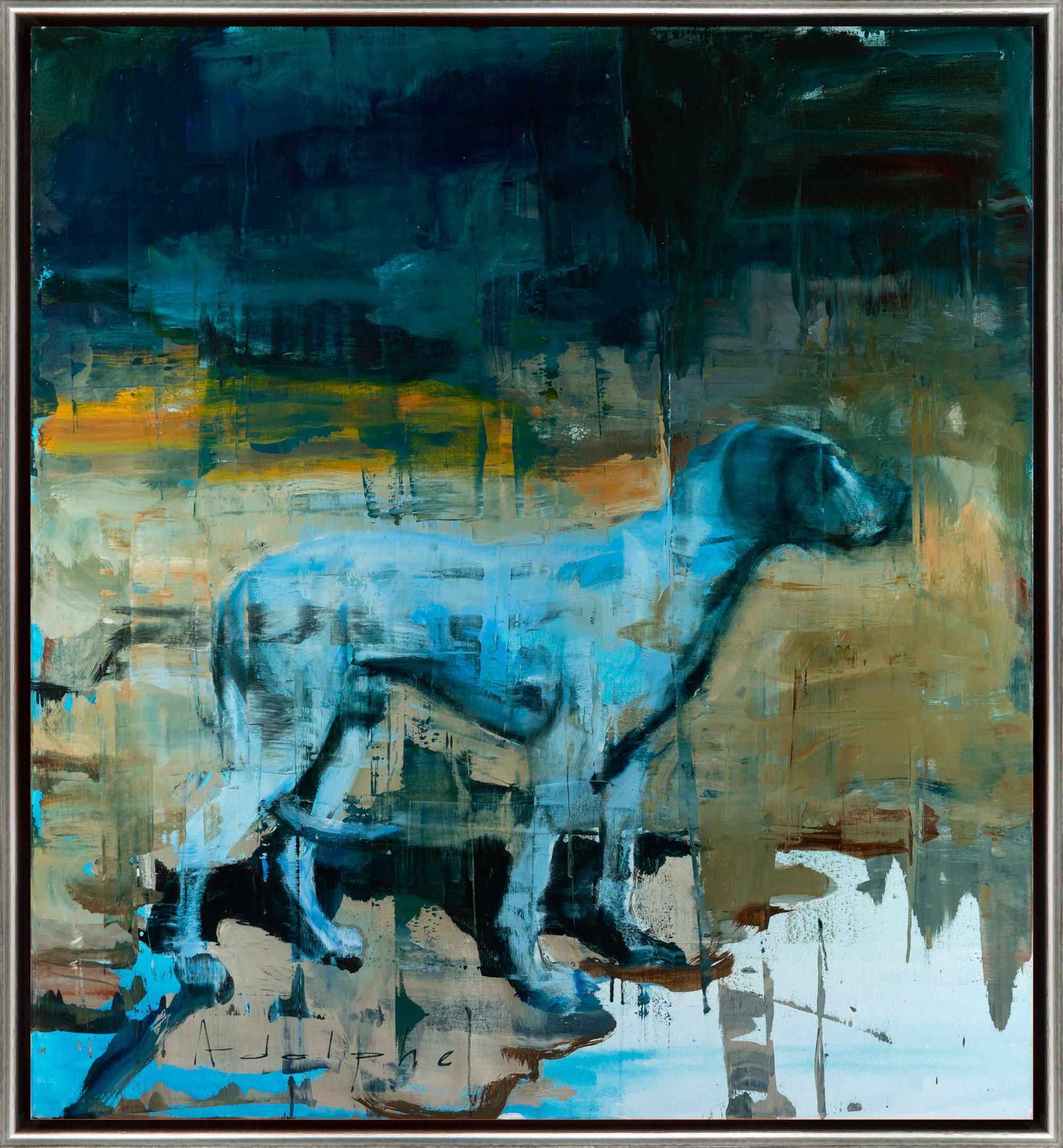 Abstraktes Gemälde „Der Eingang“ mit Hund, Öl auf Leinwand