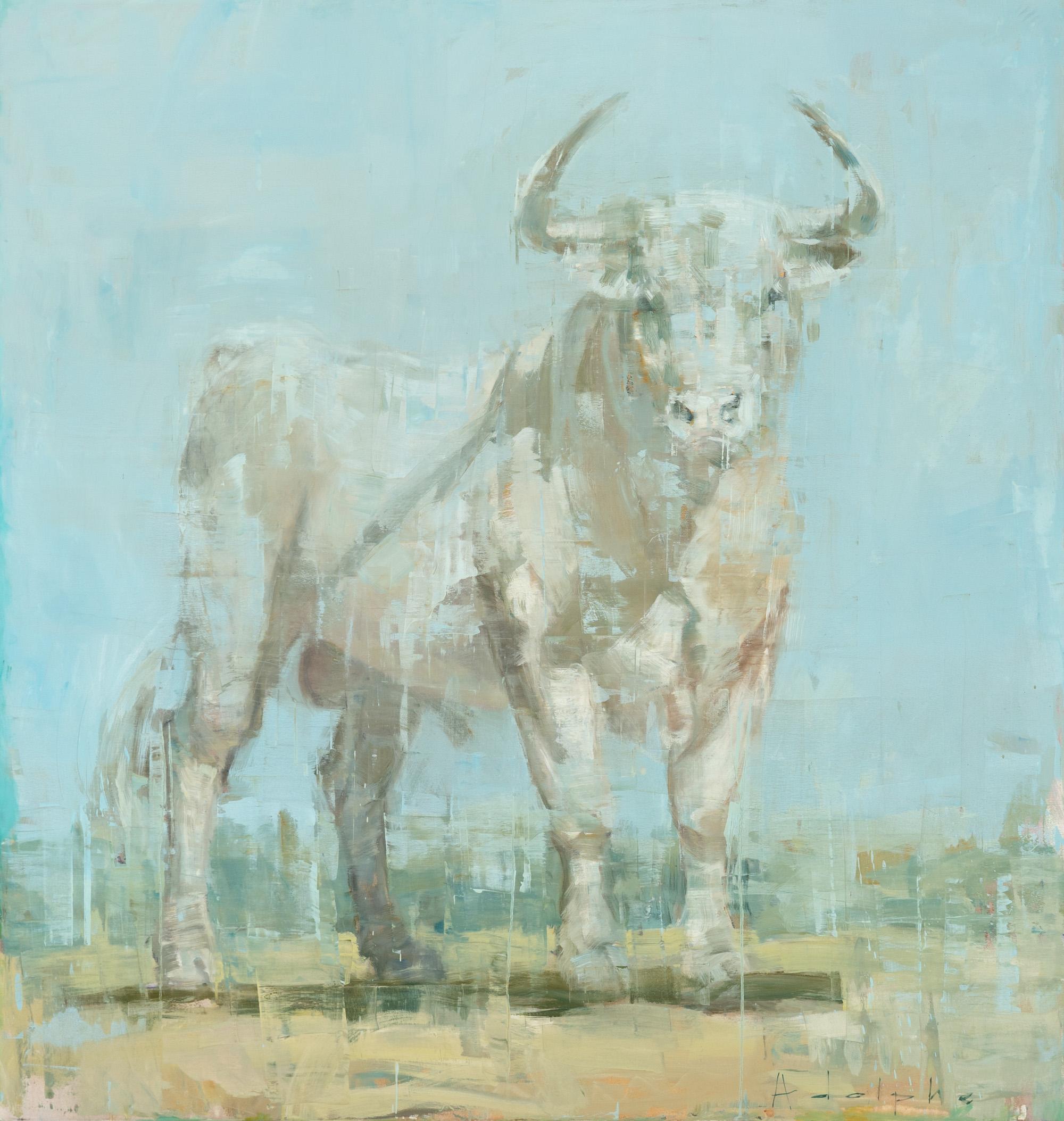Animal Painting Joseph Adolphe - « Toro Blanco n° 2 », portrait abstrait de taureau, peinture à l'huile sur toile