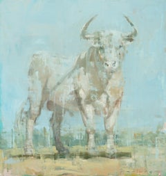 Abstraktes Stierporträt, Öl auf Leinwand, Gemälde „Toro Blanco Nr. 2“