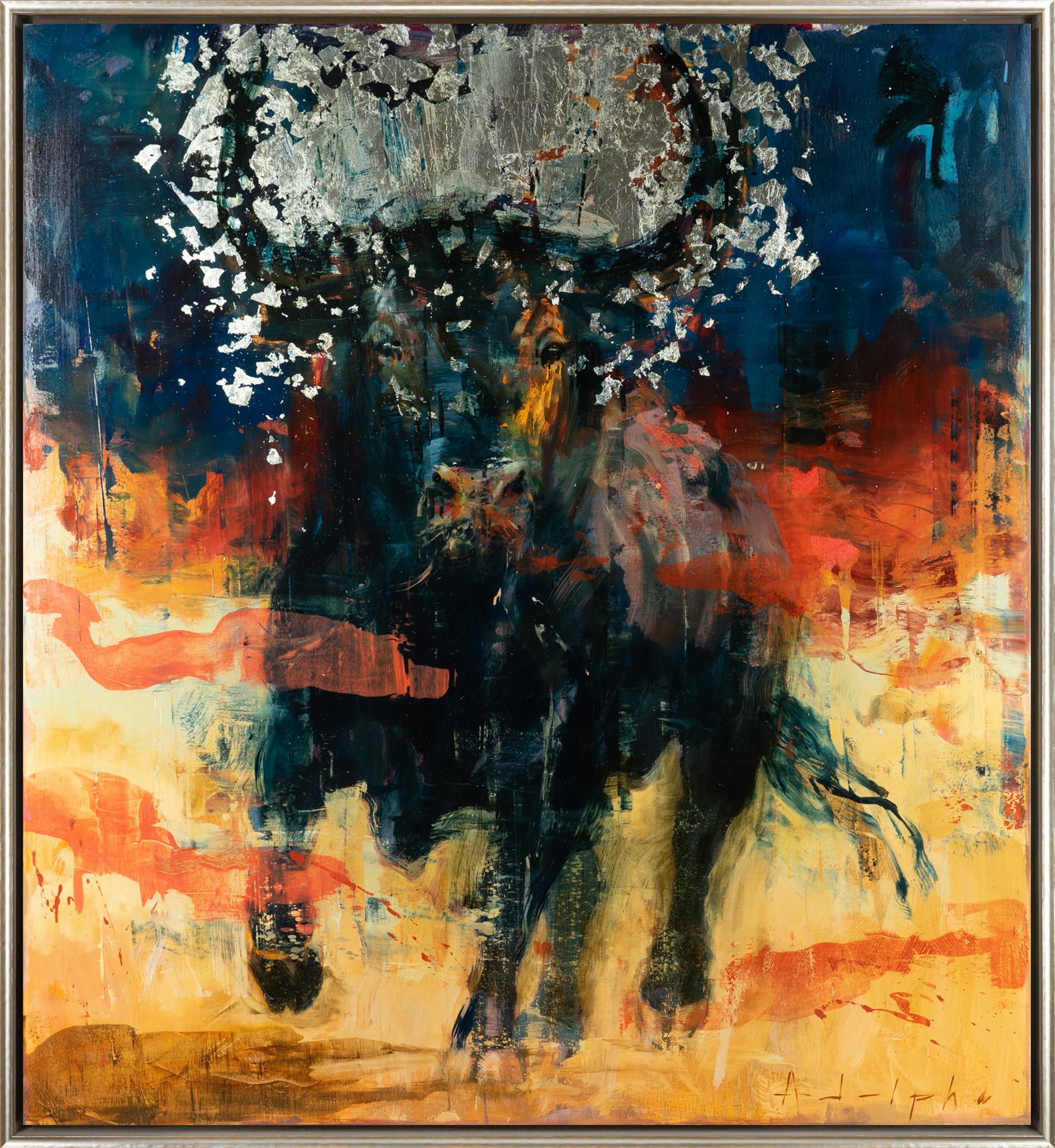 "Toro Bravo No. 51" Abstract Metallic Bull Mixed Media on Canvas Painting - Mixed Media Art by Joseph Adolphe