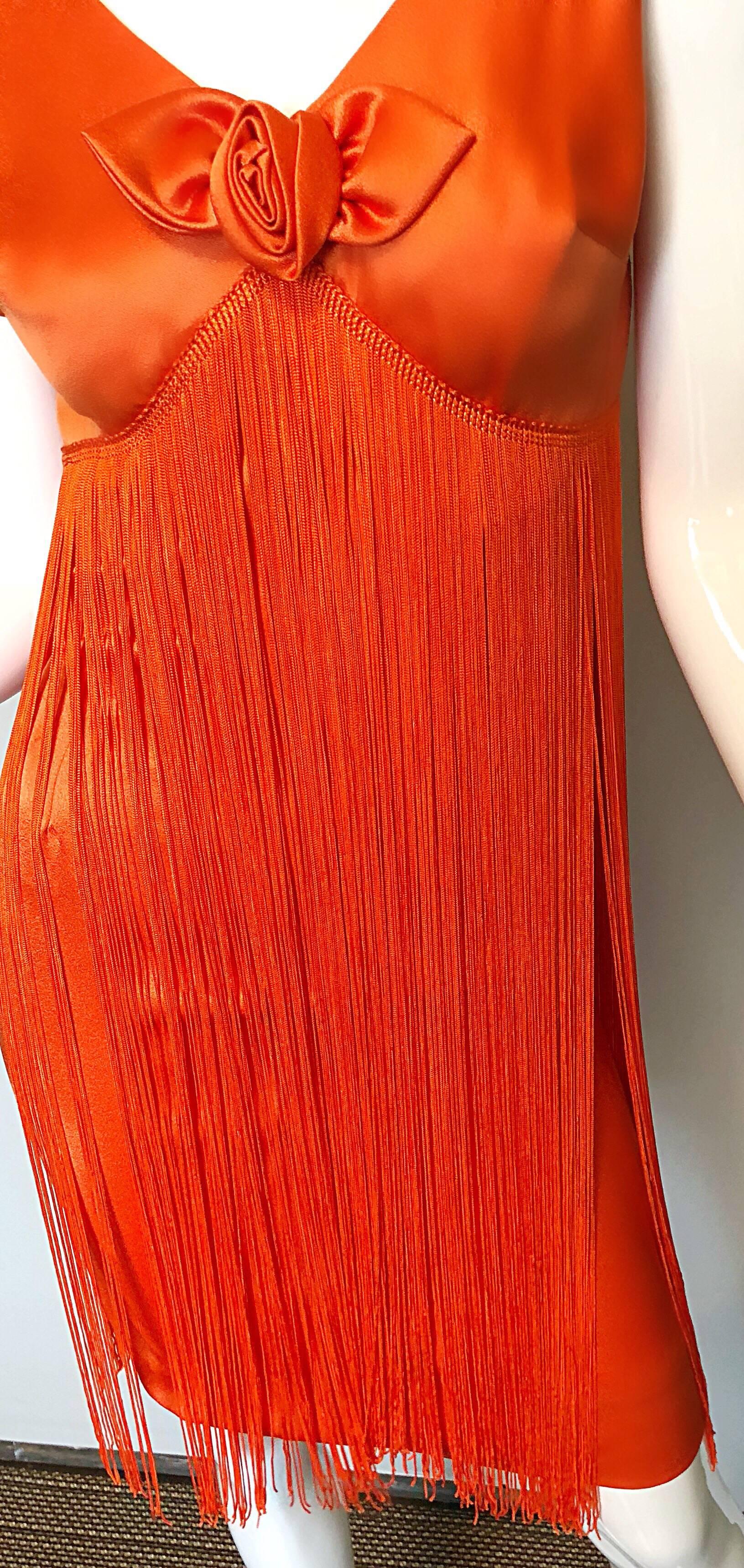 Red Joseph Magnin 1960s Amazing Bright Orange Fully Fringe Flapper Jersey 60s Dress