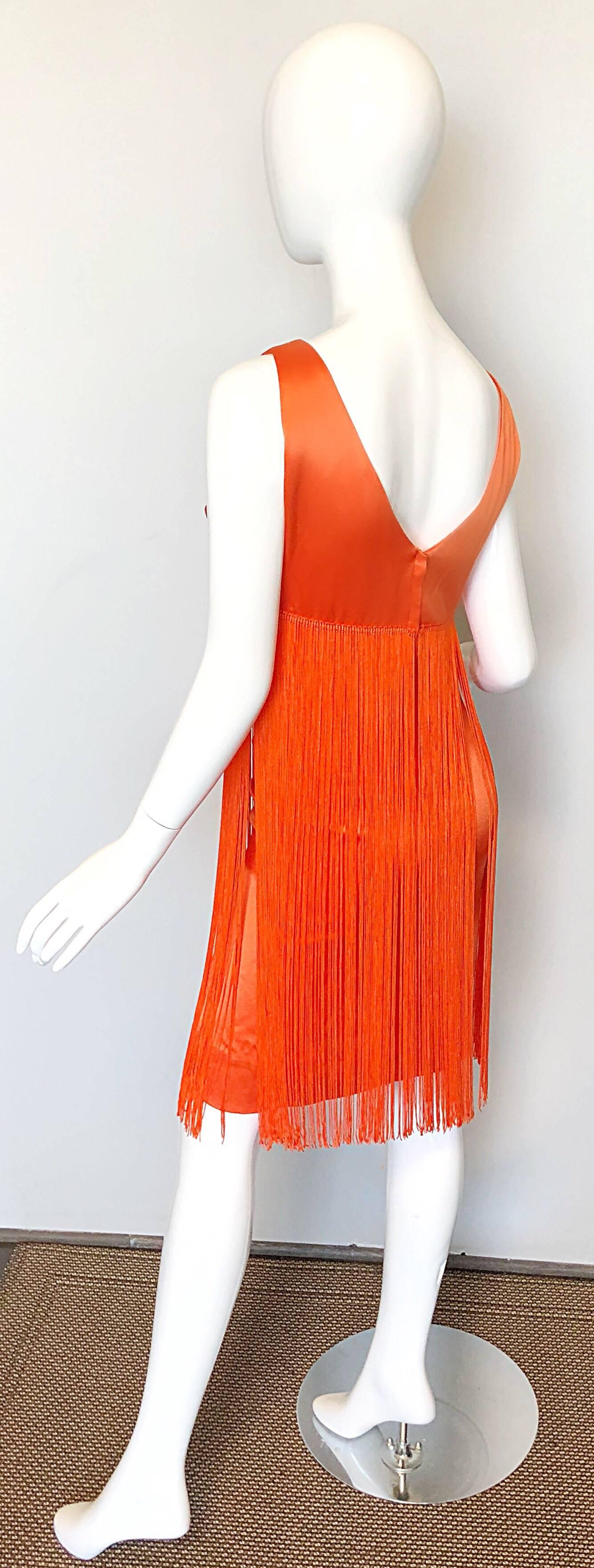 Joseph Magnin 1960s Amazing Bright Orange Fully Fringe Flapper Jersey 60s Dress In Excellent Condition In San Diego, CA