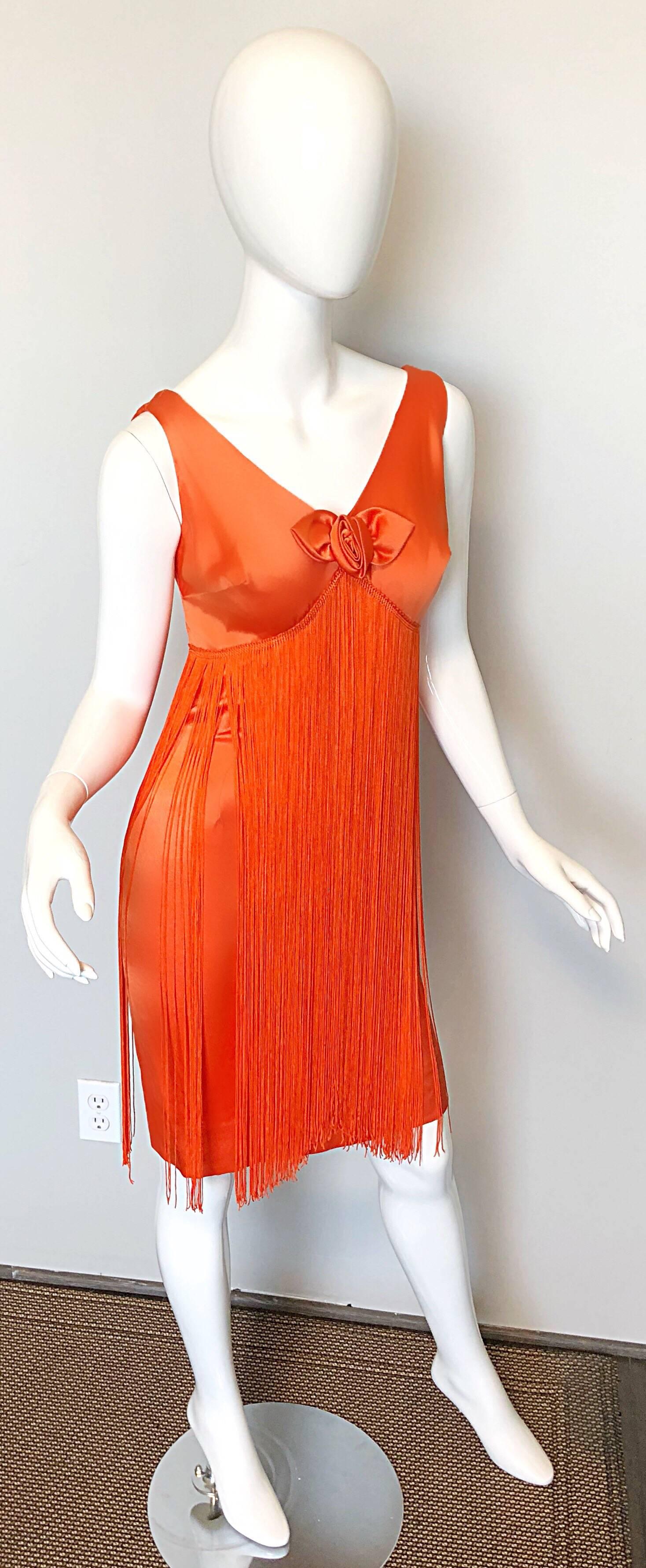 Women's Joseph Magnin 1960s Amazing Bright Orange Fully Fringe Flapper Jersey 60s Dress
