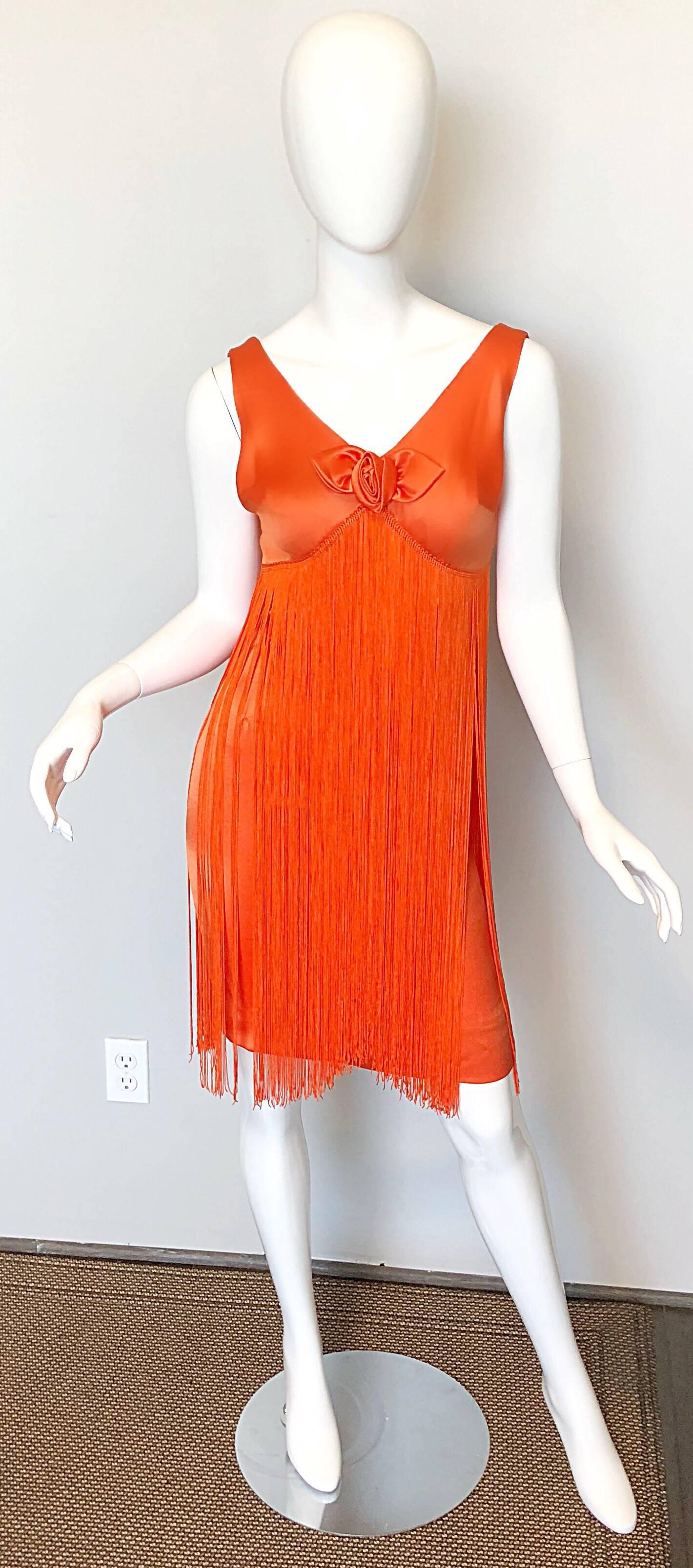 Joseph Magnin 1960s Amazing Bright Orange Fully Fringe Flapper Jersey 60s Dress 1