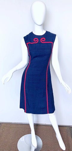 Joseph Magnin 1960s Navy Blue + Red Linen Silk Nautical Vintage 60s Shift Dress