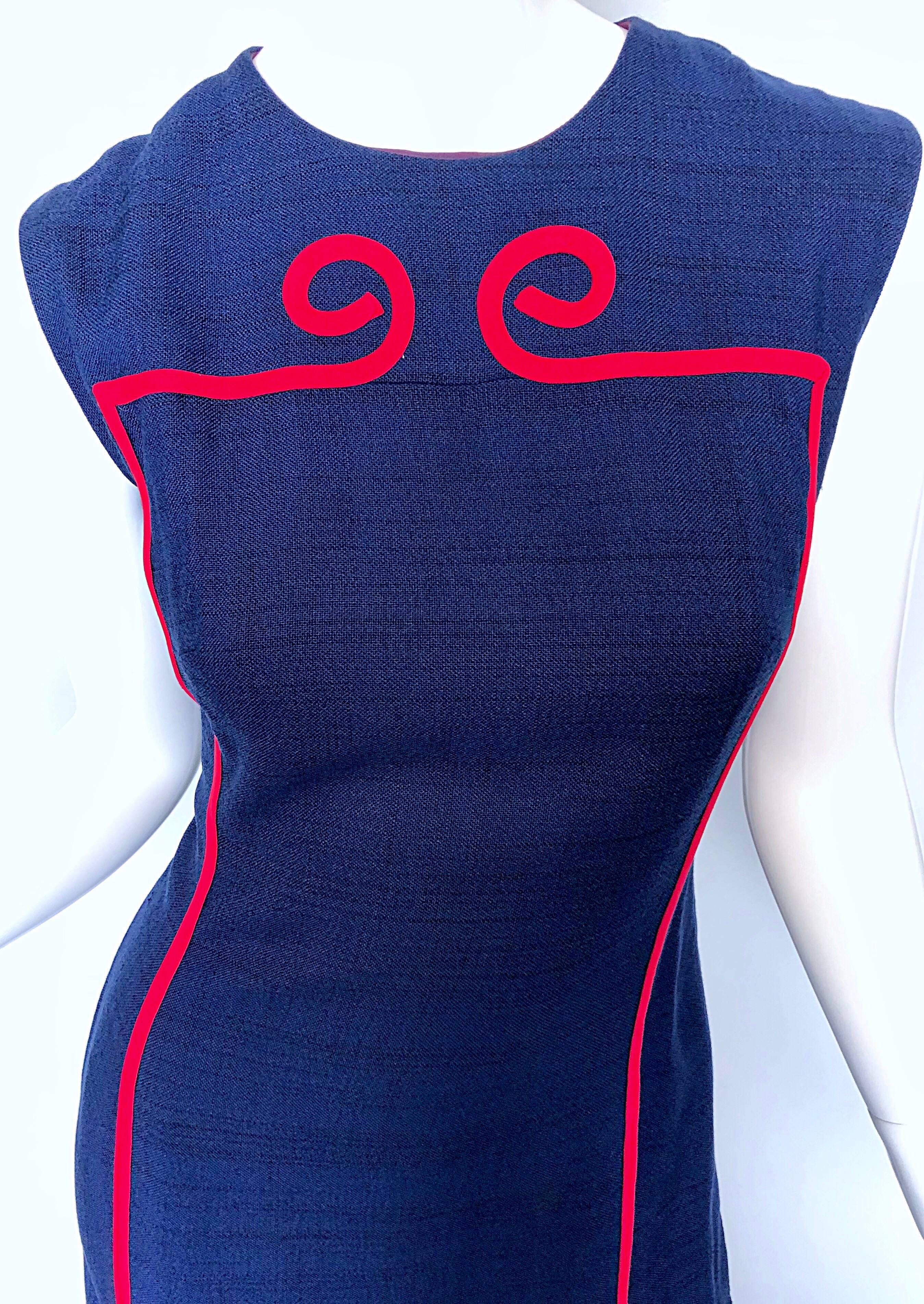 Purple Joseph Magnin 1960s Navy Blue + Red Linen Silk Nautical Vintage 60s Shift Dress For Sale